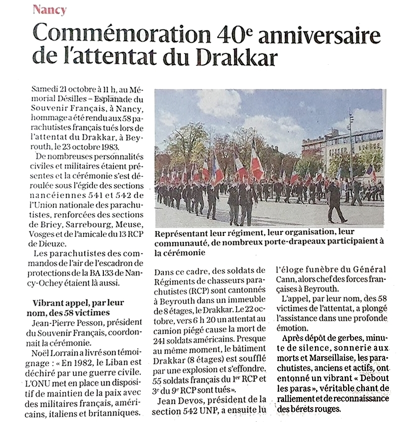 40eme anniversaire attentat Drakkar - Nancy -23 octobre 2023 -Article du journal